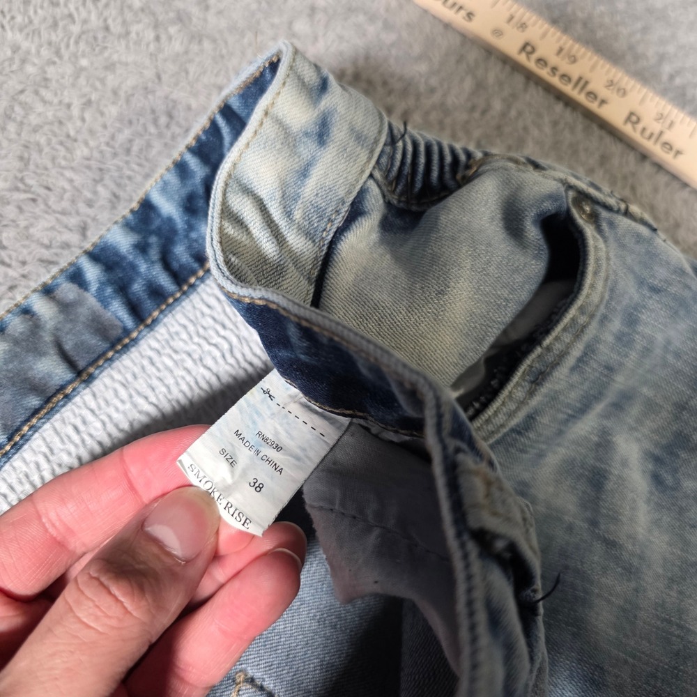 Smoke Rise Mens 38 Moto Denim Shorts Light Blue Acid Wash Ribbed Distressed Y2K - Picture 6 of 9
